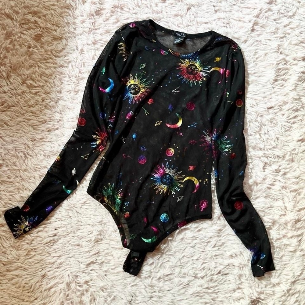 Rainbow Celestial Psychedelic Witchy Zodiac Sheer Cosmic Rave Bodysuit Womens XS